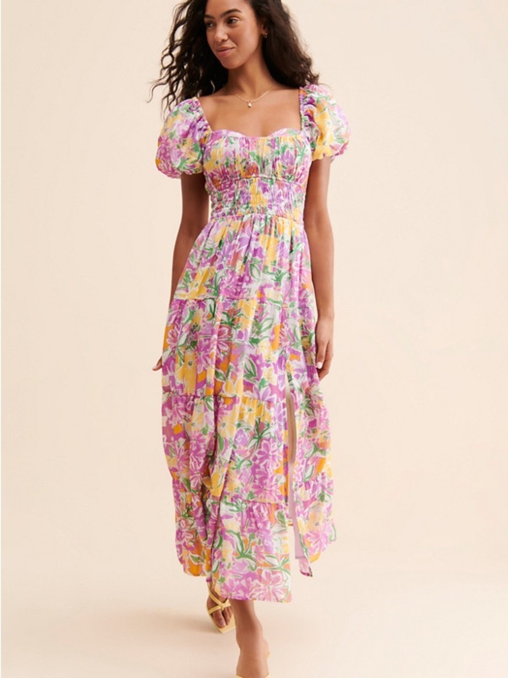 ASTR Florentina Maxi Dress Pink Floral Purple Green Yellow Small Smocked Puff - Picture 3 of 9